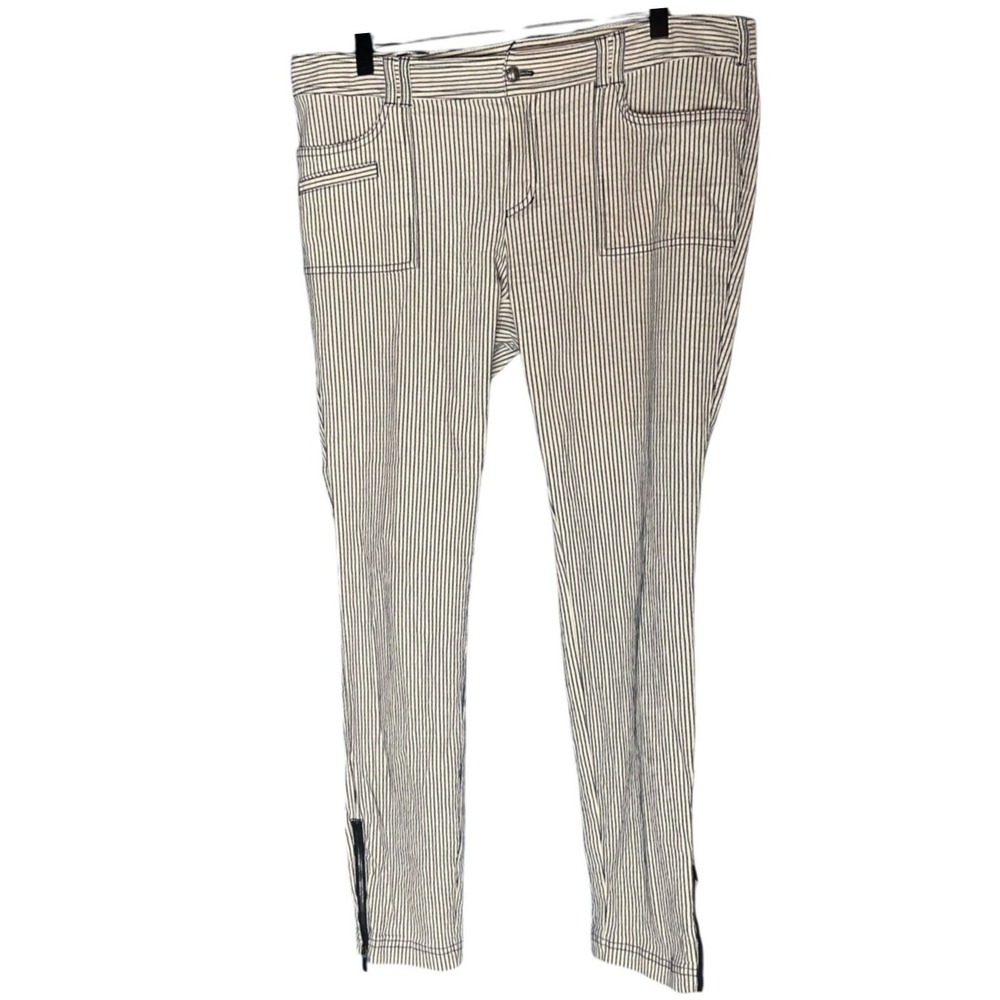 Hugo Boss Orange Slim Fit Pinstripe Ankle‎ Zip Pants Navy Cream Women Size 30